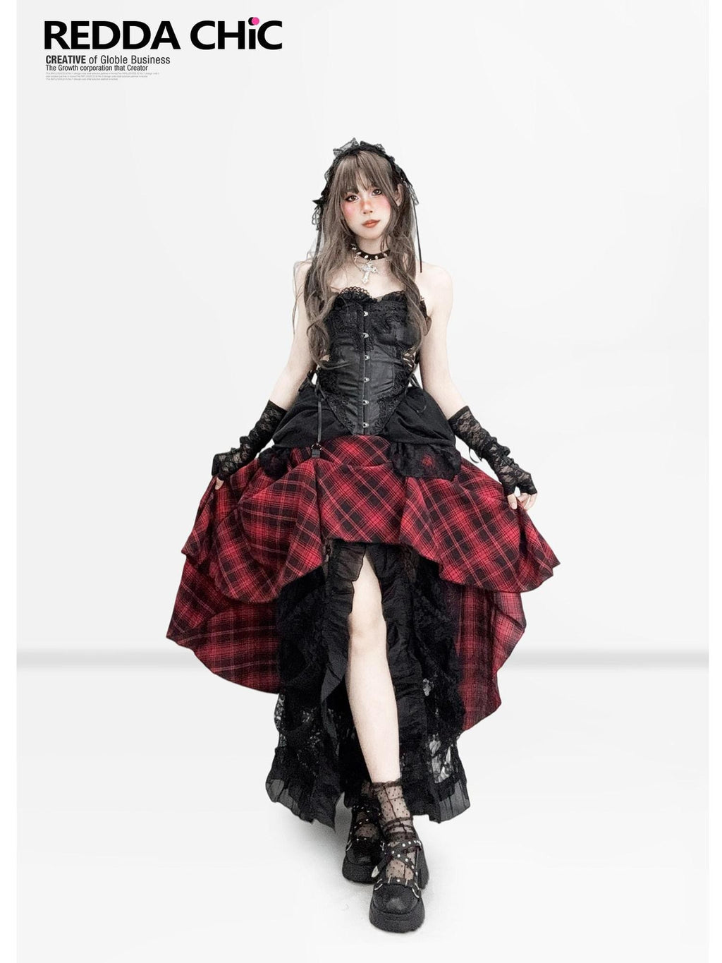 REDDACHIC Gothic Lace Plaid Boned Women'S Composite Lace Strapless Maxi Dresses