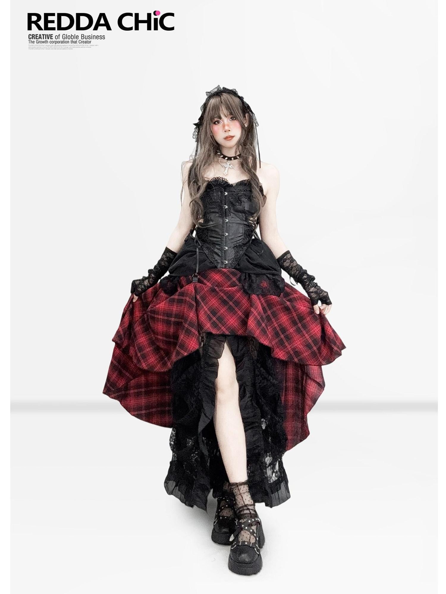 REDDACHIC Gothic Lace Plaid Boned Women'S Composite Lace Strapless Maxi Dresses