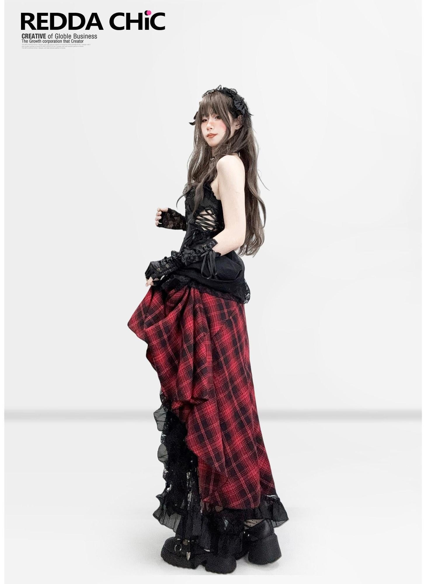 REDDACHIC Gothic Lace Plaid Boned Women'S Composite Lace Strapless Maxi Dresses