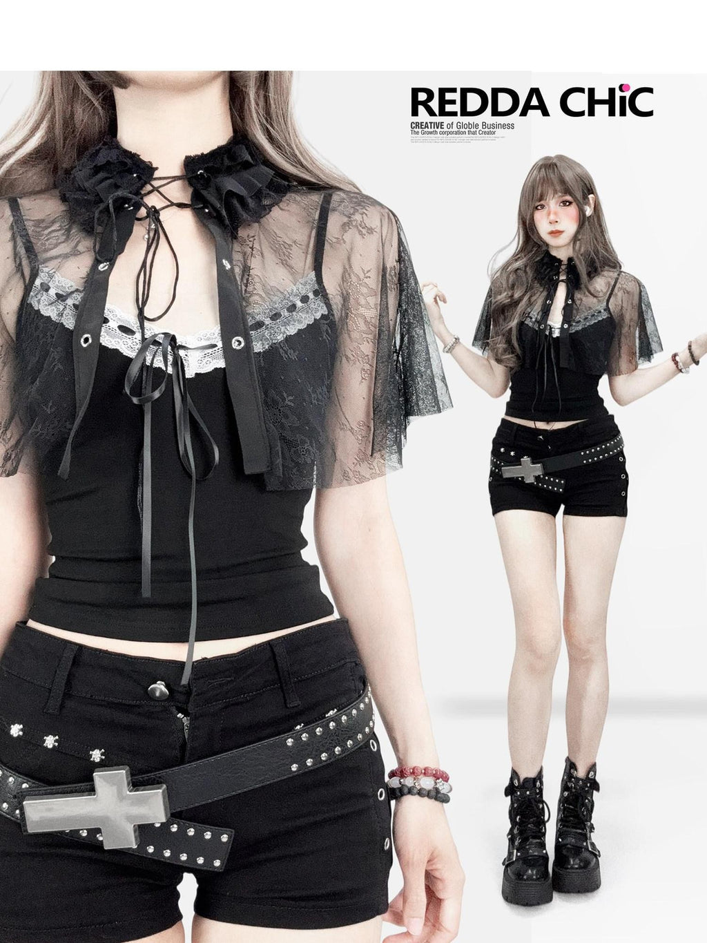 REDDACHIC Gothic Lace Shawl Strap Cropped Cinched Waist Women'S Denim Camisoles