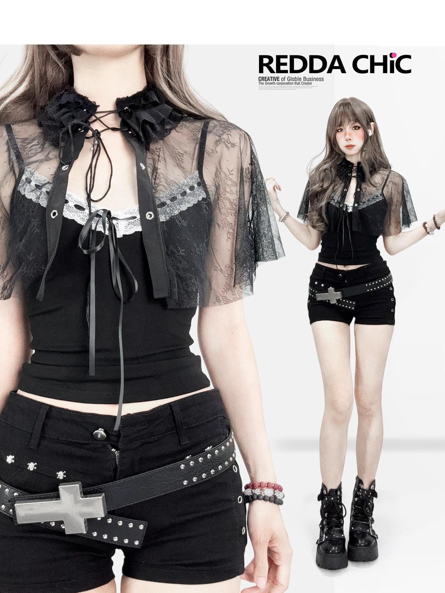 REDDACHIC Gothic Lace Shawl Strap Cropped Cinched Waist Women'S Denim Camisoles