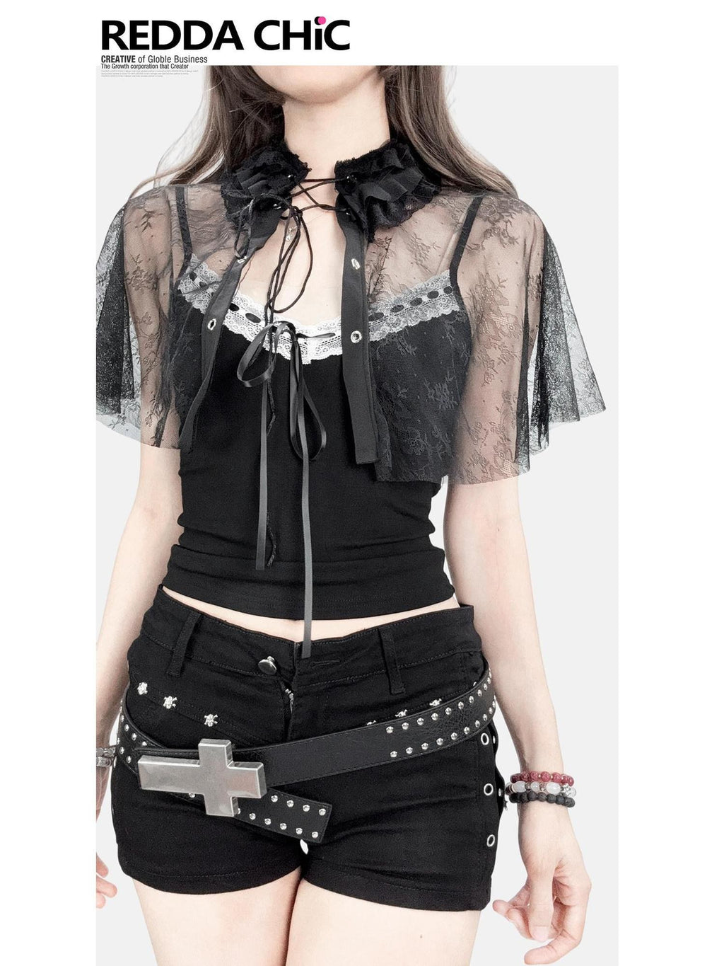 REDDACHIC Gothic Lace Shawl Strap Cropped Cinched Waist Women'S Denim Camisoles
