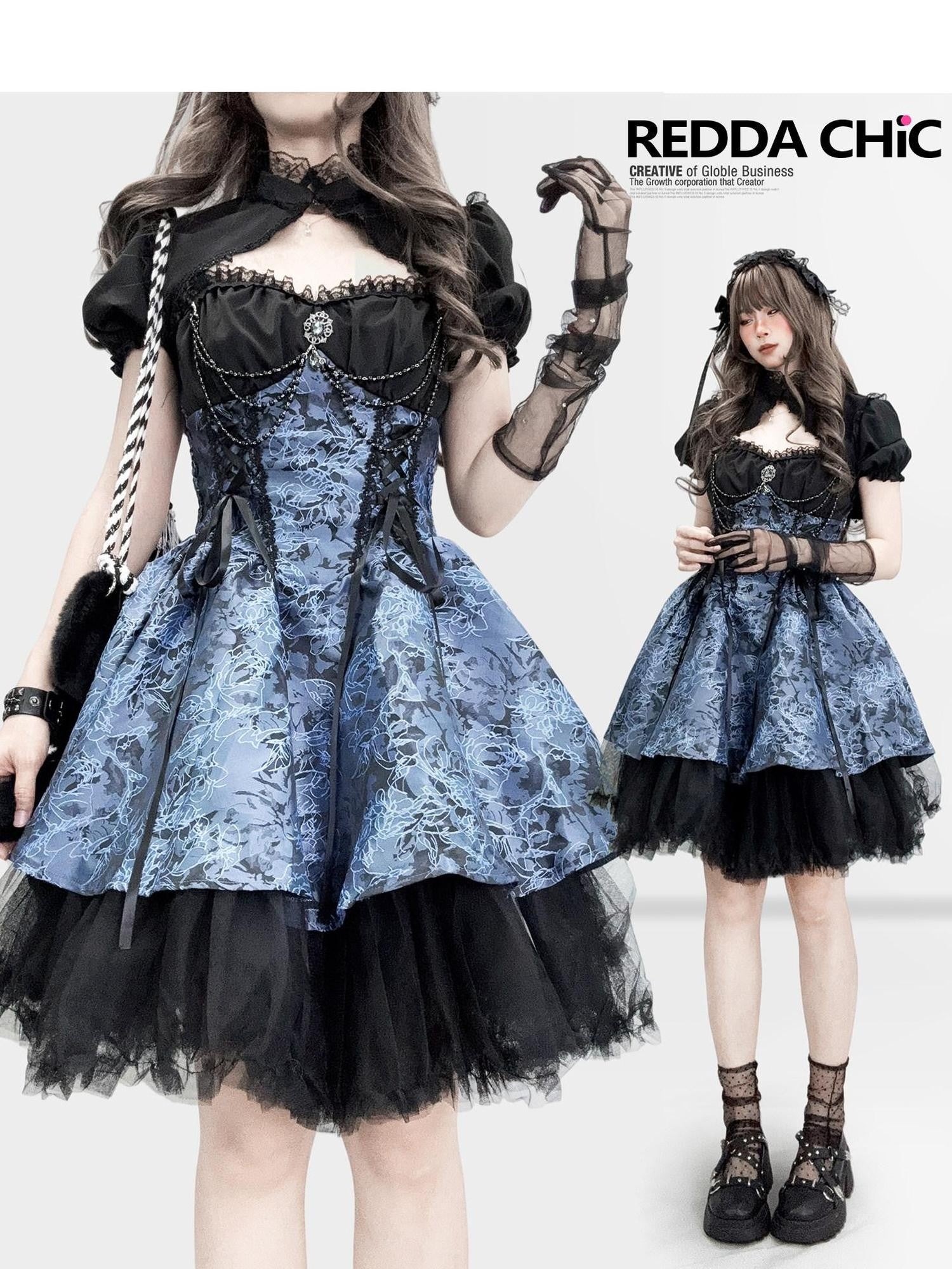 REDDACHIC Gothic Lolita Puff Strap Short Sleeve Waist Cinch Women'S Polyester Midi Dresses