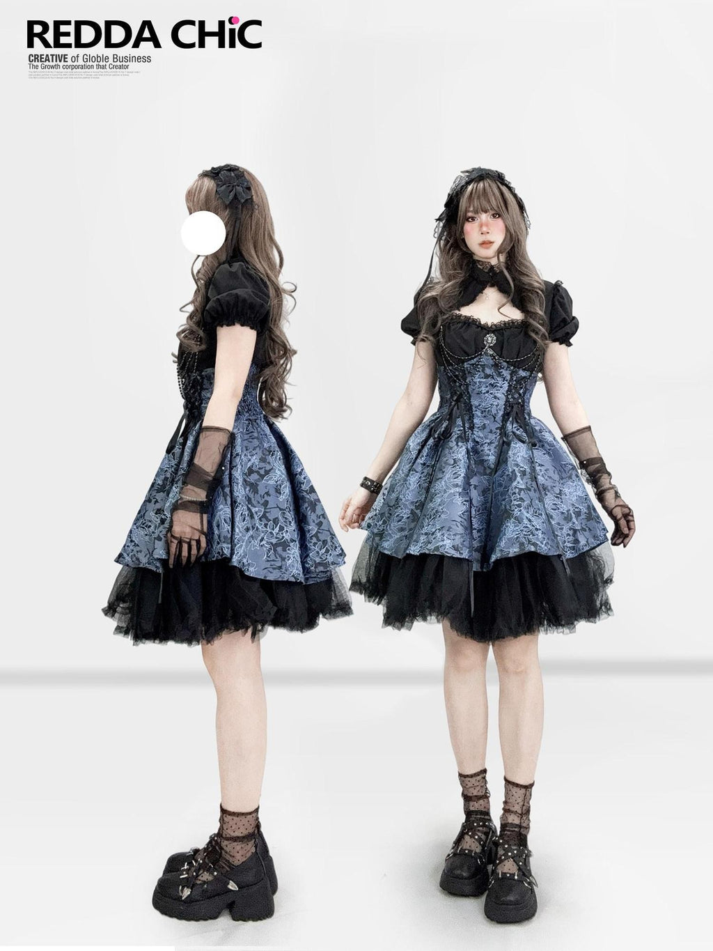 REDDACHIC Gothic Lolita Puff Strap Short Sleeve Waist Cinch Women'S Polyester Midi Dresses