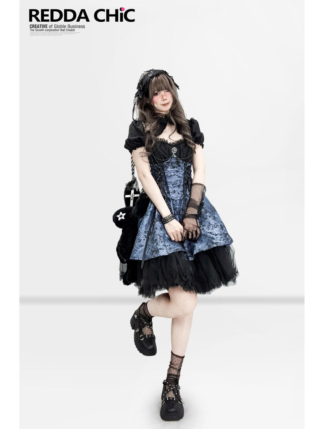 REDDACHIC Gothic Lolita Puff Strap Short Sleeve Waist Cinch Women'S Polyester Midi Dresses