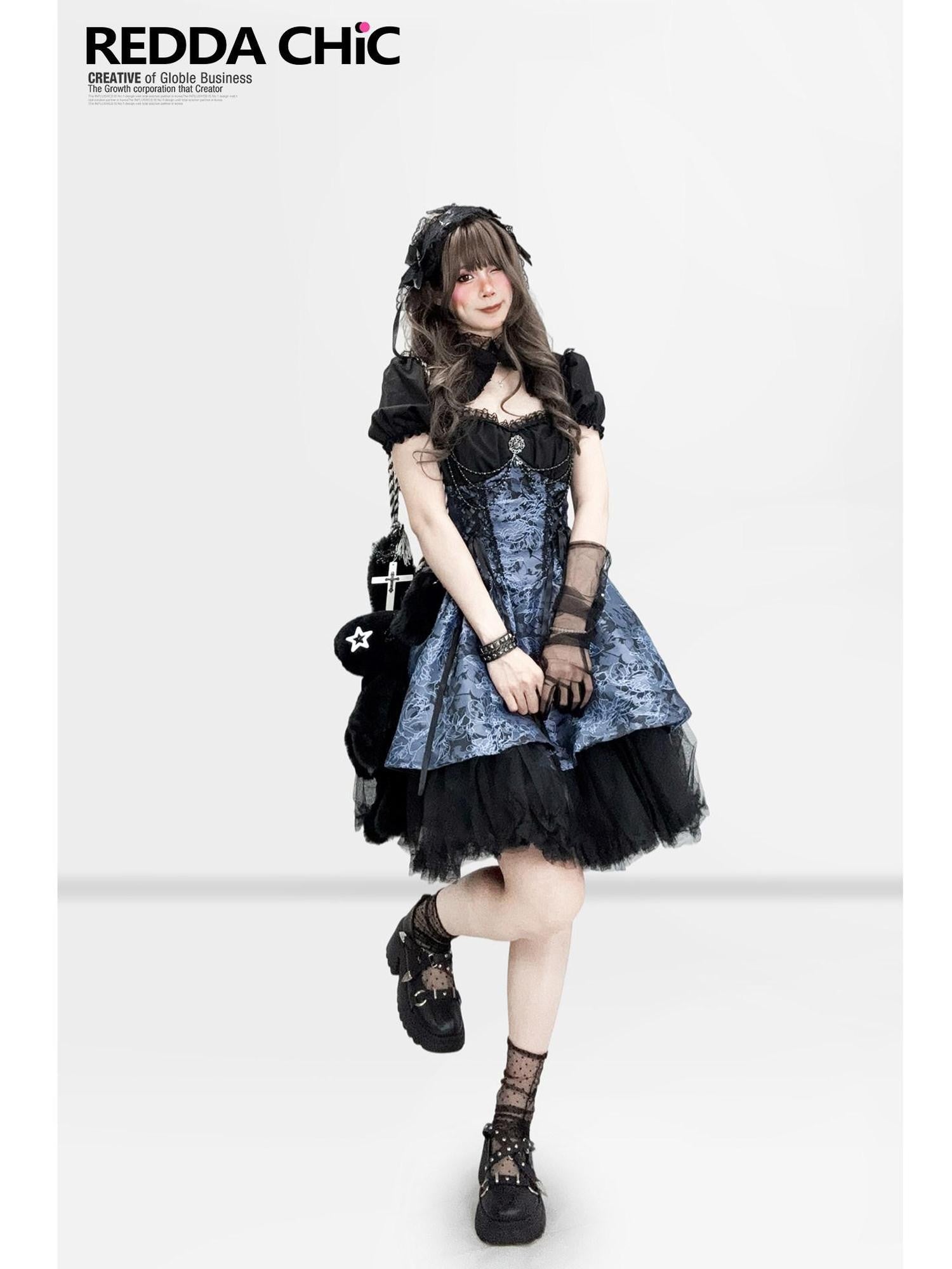 REDDACHIC Gothic Lolita Puff Strap Short Sleeve Waist Cinch Women'S Polyester Midi Dresses