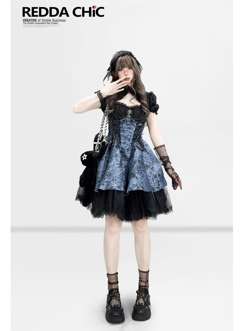 REDDACHIC Gothic Lolita Puff Strap Short Sleeve Waist Cinch Women'S Polyester Midi Dresses