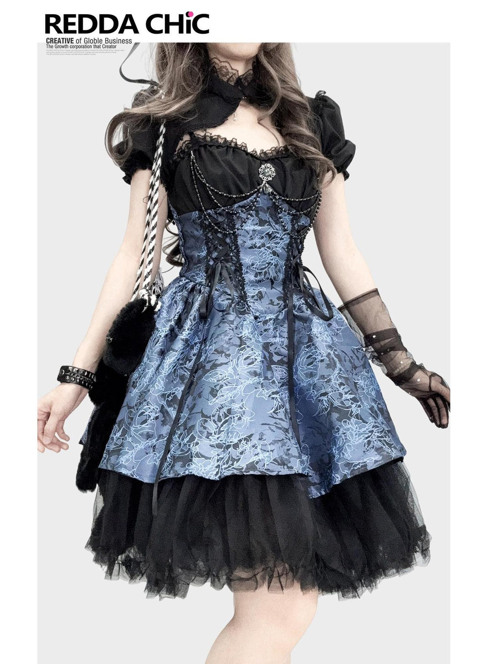 REDDACHIC Gothic Lolita Puff Strap Short Sleeve Waist Cinch Women'S Polyester Midi Dresses