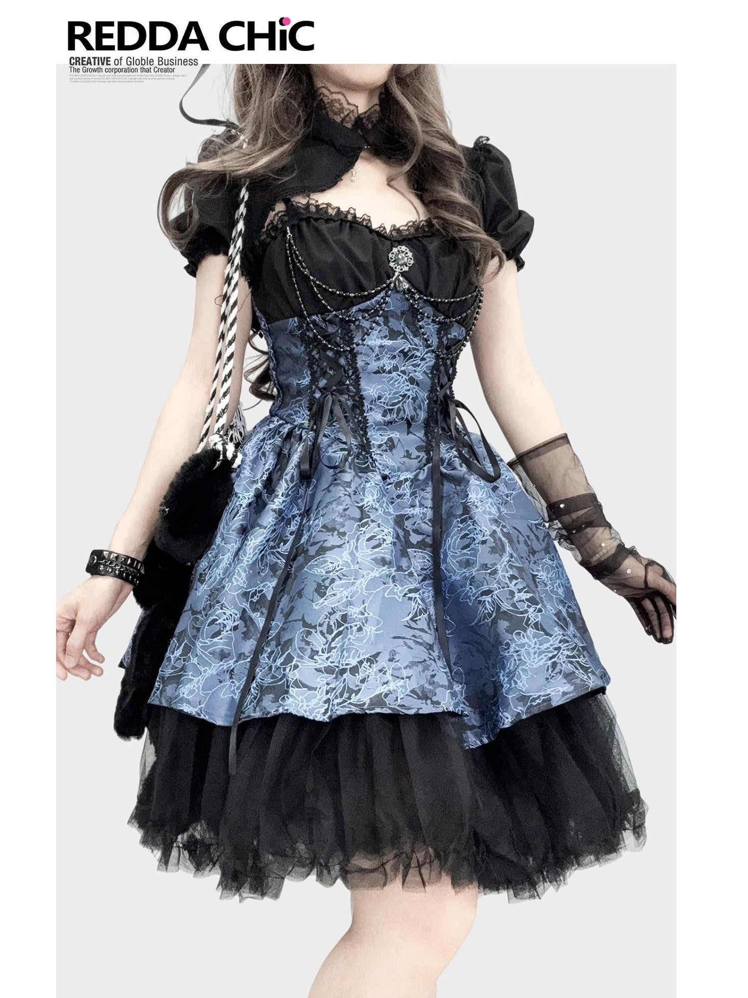 REDDACHIC Gothic Lolita Puff Strap Short Sleeve Waist Cinch Women'S Polyester Midi Dresses