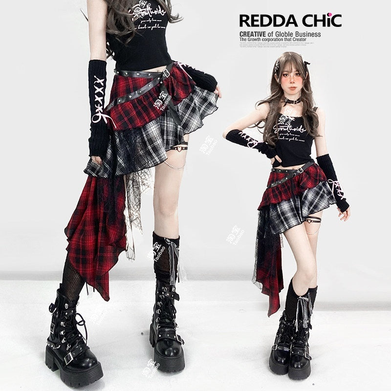REDDACHIC_Gothic_Monochrome_Plaid_Asymmetrical_Pleated_Low_Waist_Women'S_Lace_Mini_Skirts_MISSTT