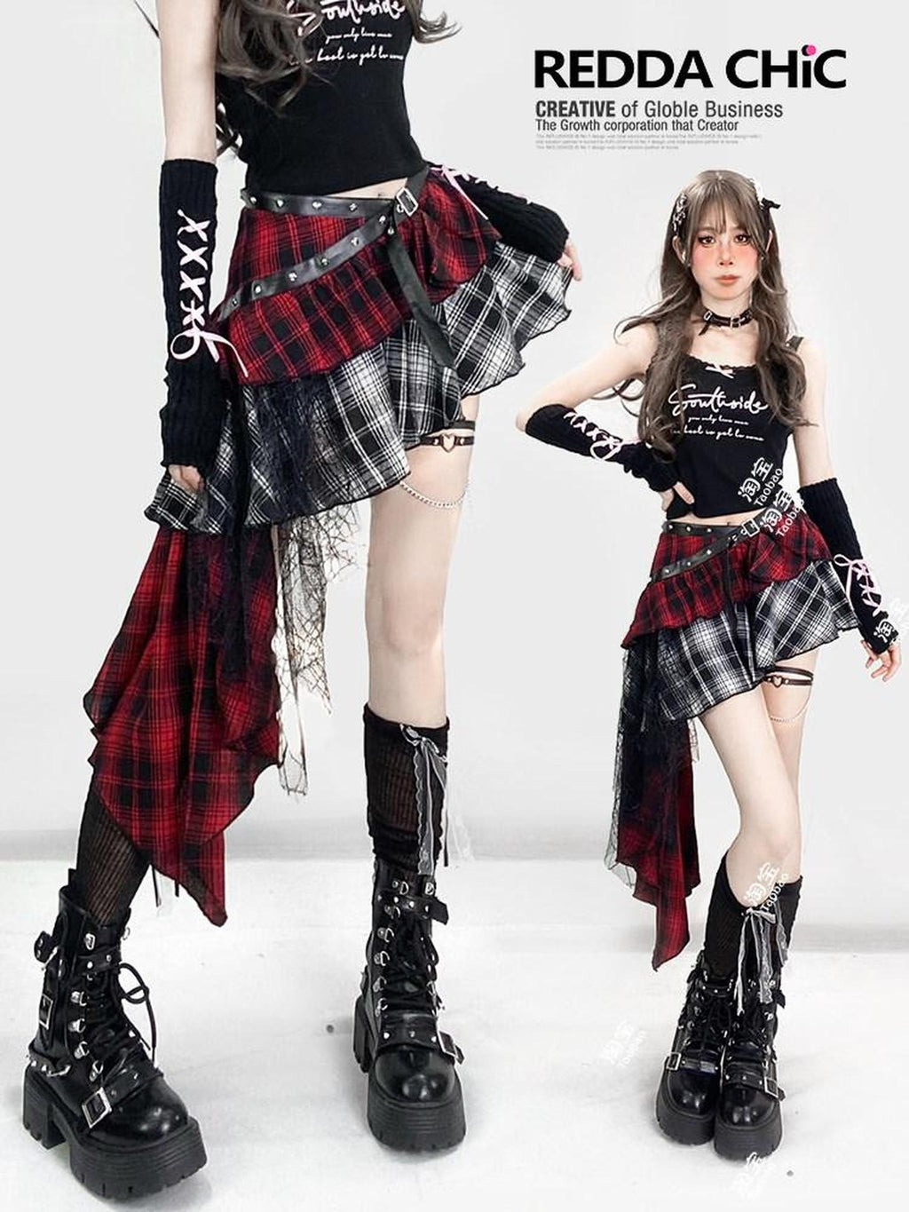 REDDACHIC Gothic Monochrome Plaid Asymmetrical Pleated Low Waist Women'S Lace Mini Skirts