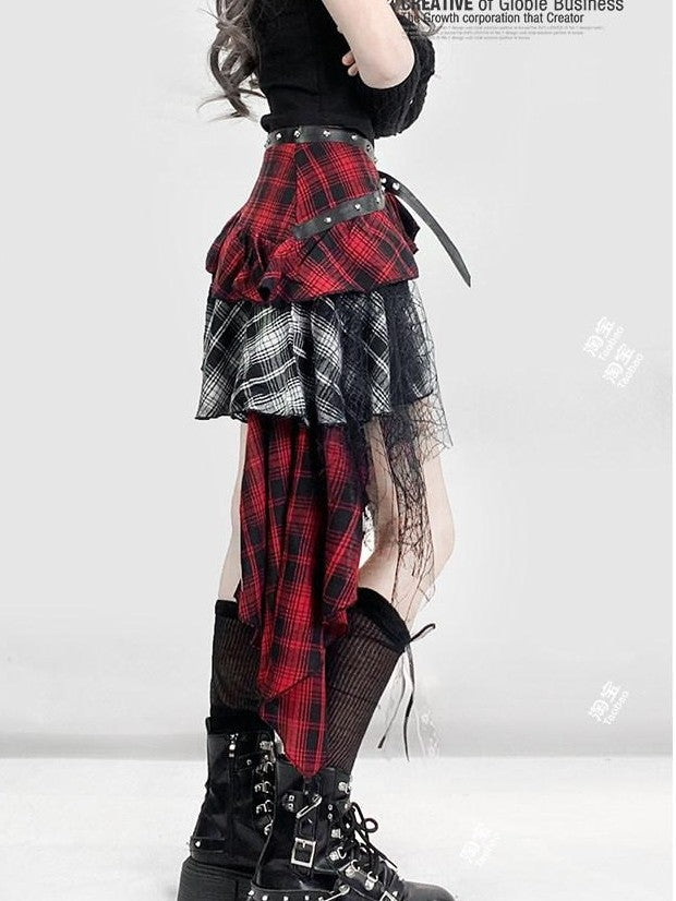 REDDACHIC Gothic Monochrome Plaid Asymmetrical Pleated Low Waist Women'S Lace Mini Skirts