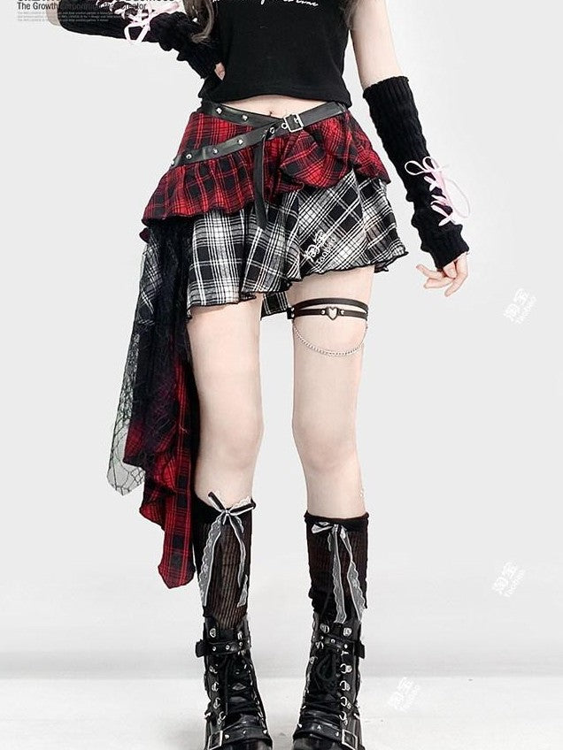 REDDACHIC Gothic Monochrome Plaid Asymmetrical Pleated Low Waist Women'S Lace Mini Skirts