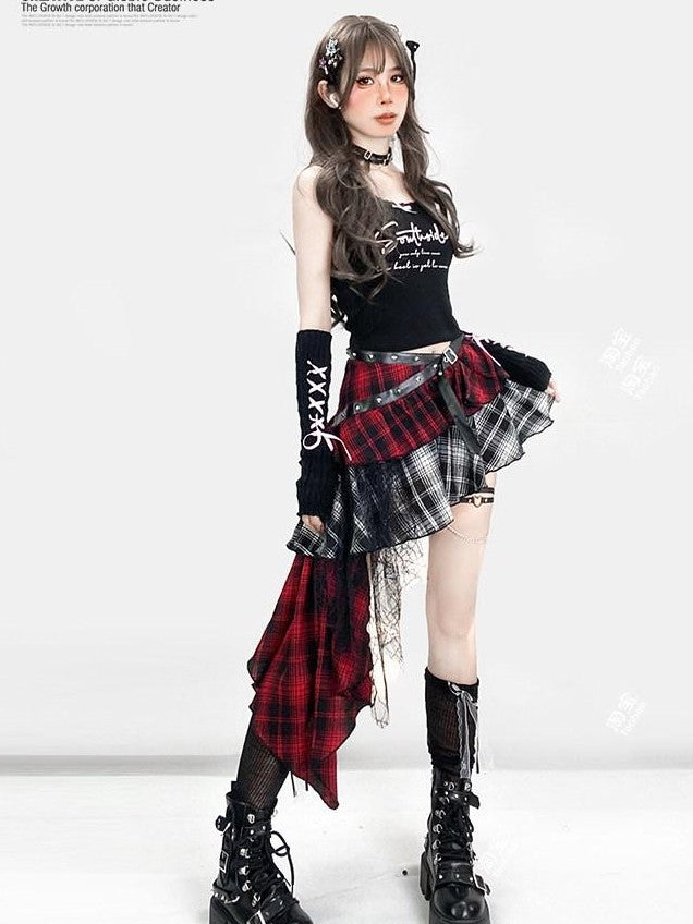 REDDACHIC Gothic Monochrome Plaid Asymmetrical Pleated Low Waist Women'S Lace Mini Skirts