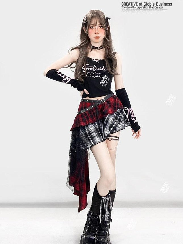 REDDACHIC Gothic Monochrome Plaid Asymmetrical Pleated Low Waist Women'S Lace Mini Skirts