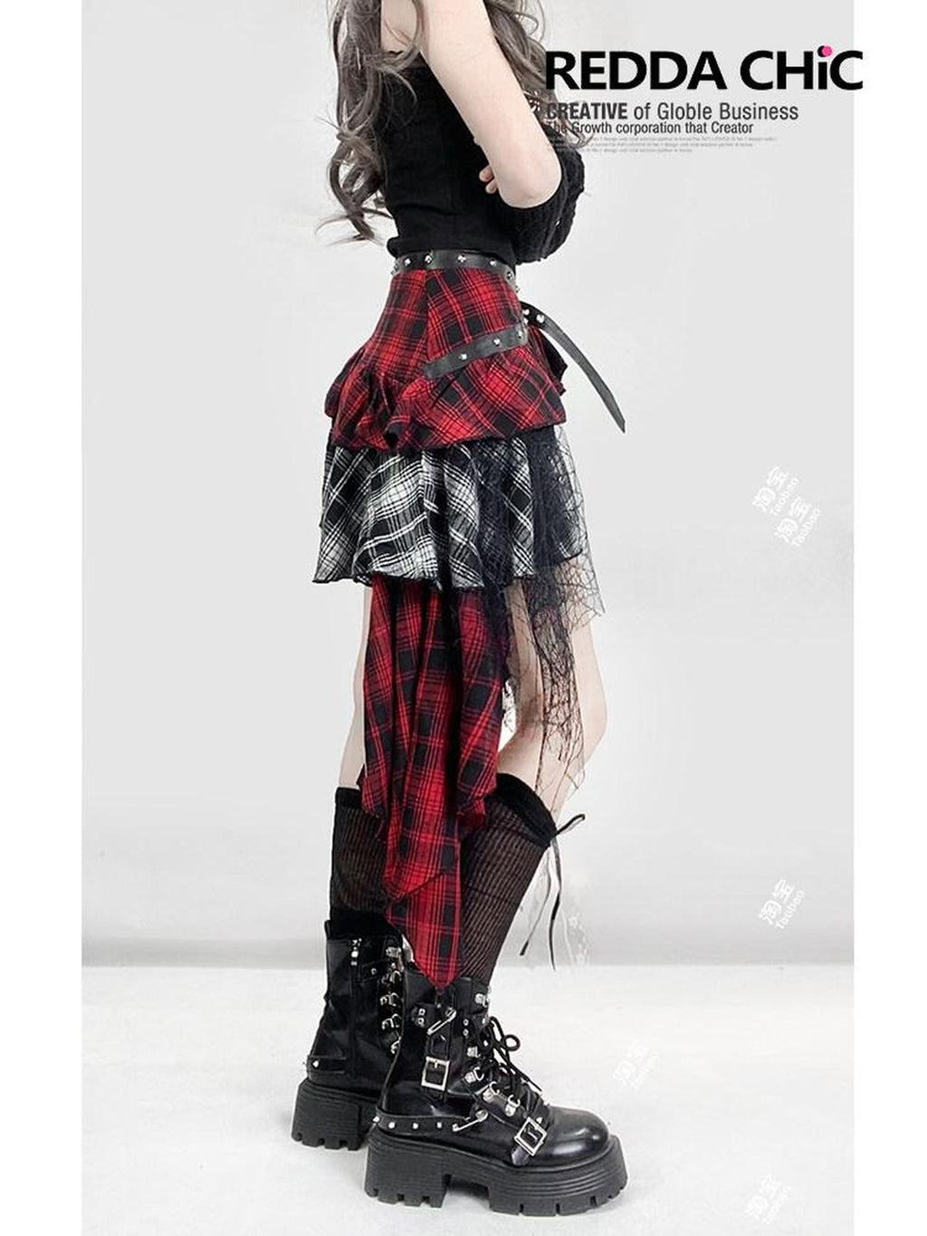 REDDACHIC Gothic Monochrome Plaid Asymmetrical Pleated Low Waist Women'S Lace Mini Skirts