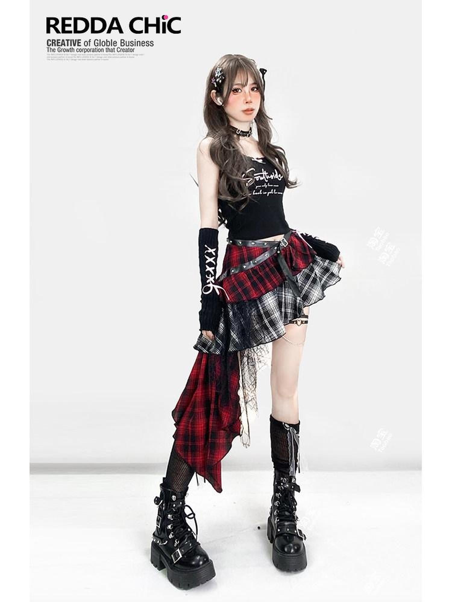REDDACHIC Gothic Monochrome Plaid Asymmetrical Pleated Low Waist Women'S Lace Mini Skirts