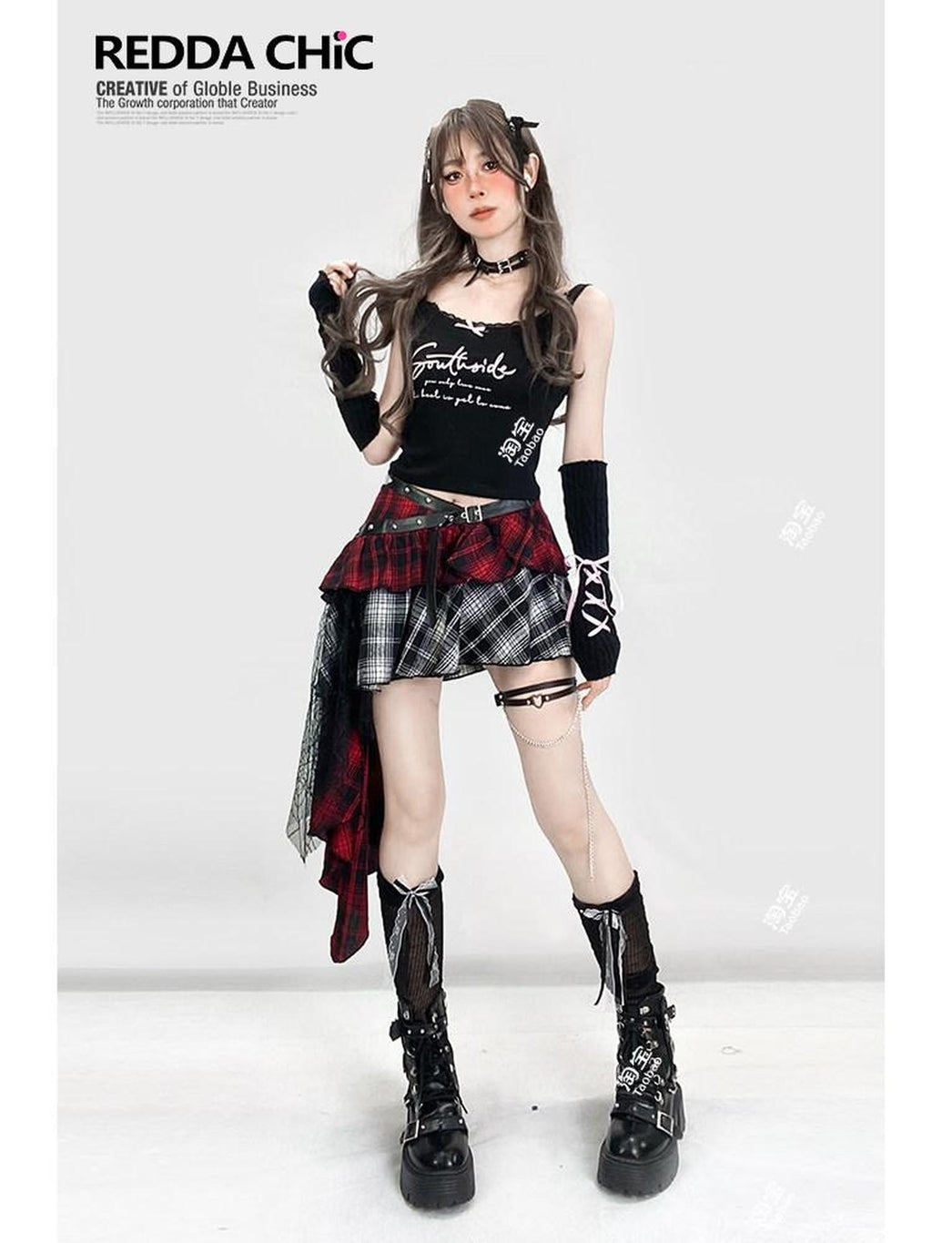 REDDACHIC Gothic Monochrome Plaid Asymmetrical Pleated Low Waist Women'S Lace Mini Skirts