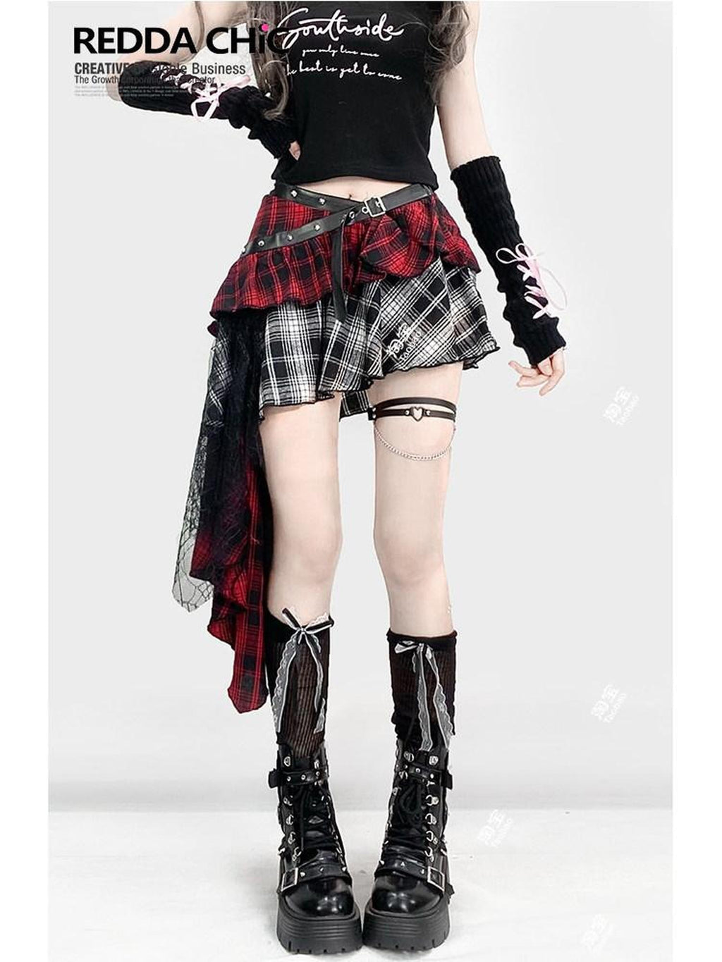 REDDACHIC Gothic Monochrome Plaid Asymmetrical Pleated Low Waist Women'S Lace Mini Skirts