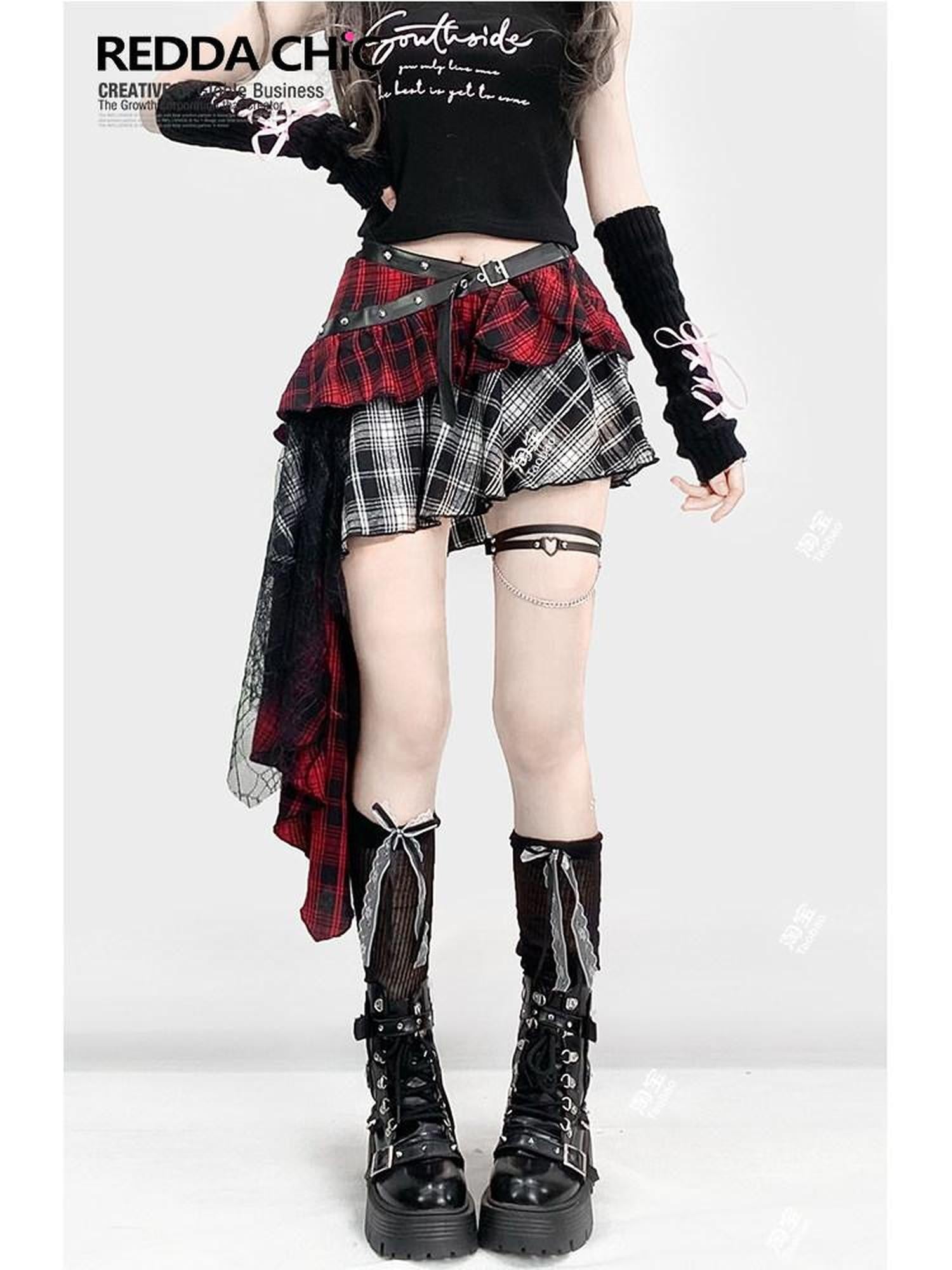 REDDACHIC Gothic Monochrome Plaid Asymmetrical Pleated Low Waist Women'S Lace Mini Skirts