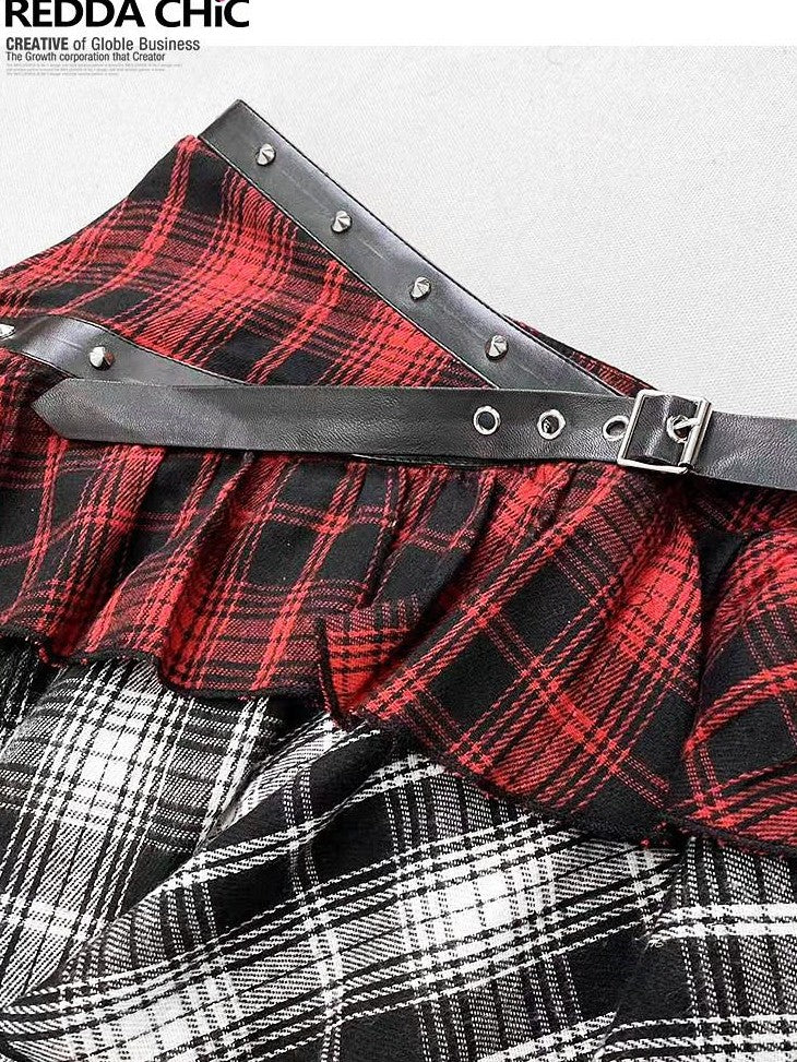 REDDACHIC Gothic Monochrome Plaid Asymmetrical Pleated Low Waist Women'S Lace Mini Skirts