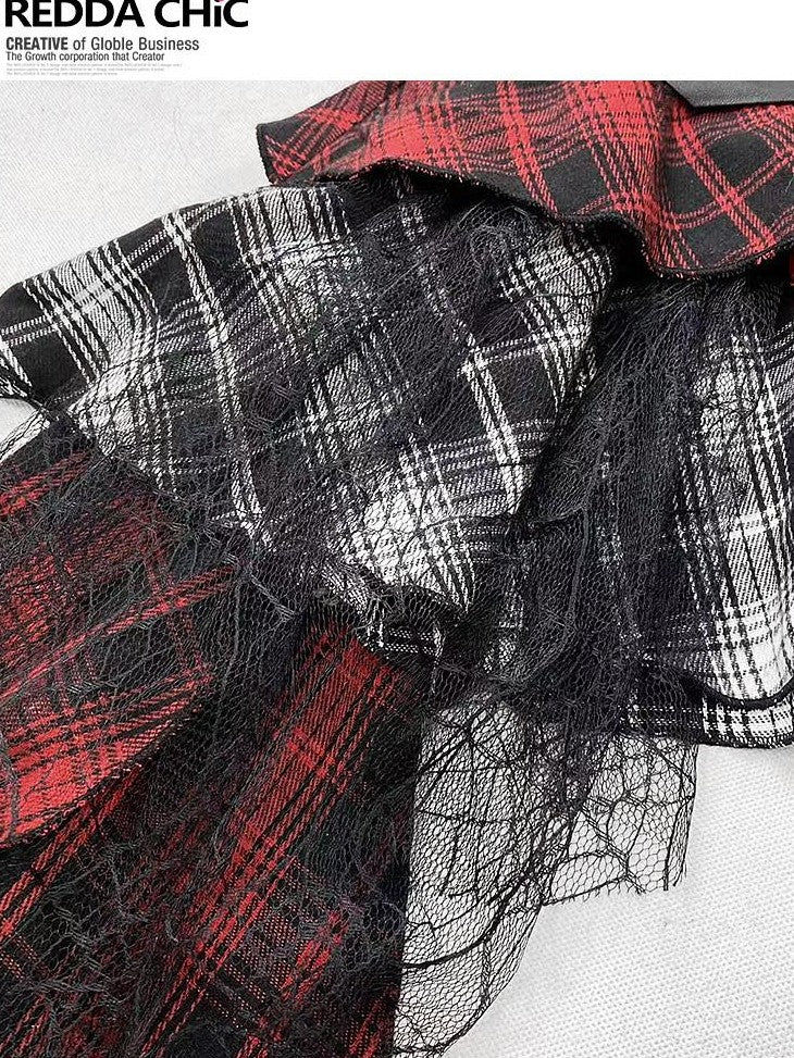 REDDACHIC Gothic Monochrome Plaid Asymmetrical Pleated Low Waist Women'S Lace Mini Skirts