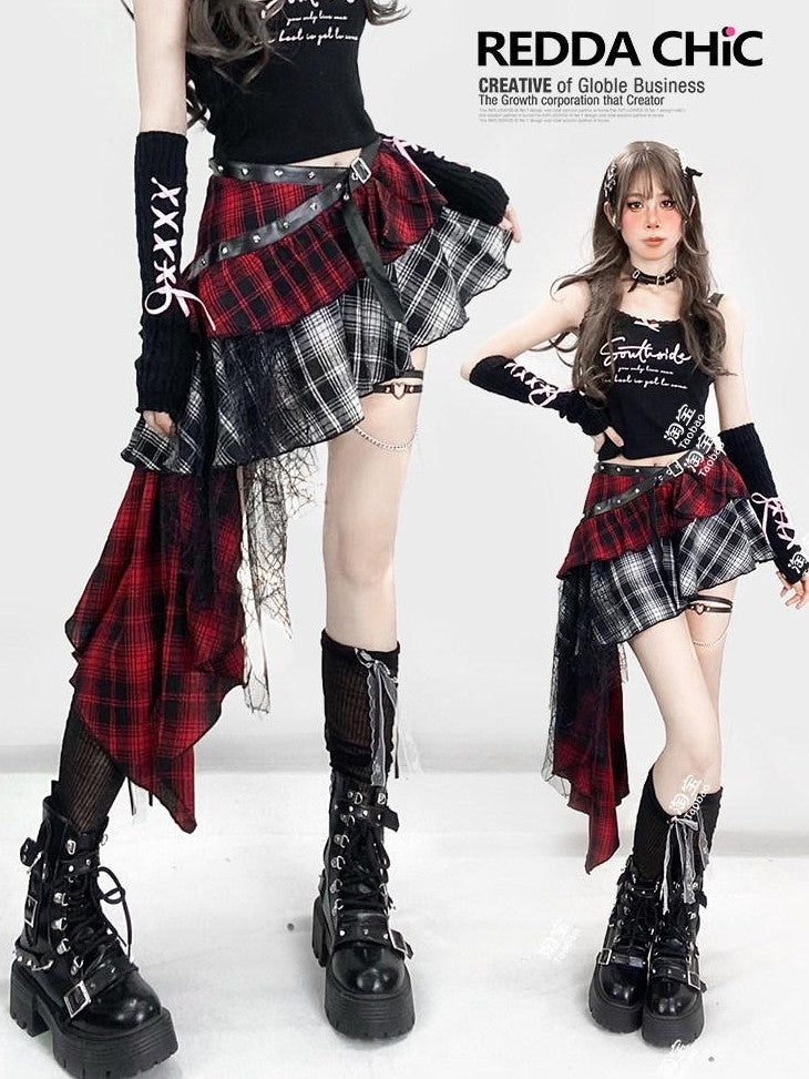 REDDACHIC Gothic Monochrome Plaid Asymmetrical Pleated Low Waist Women'S Lace Mini Skirts