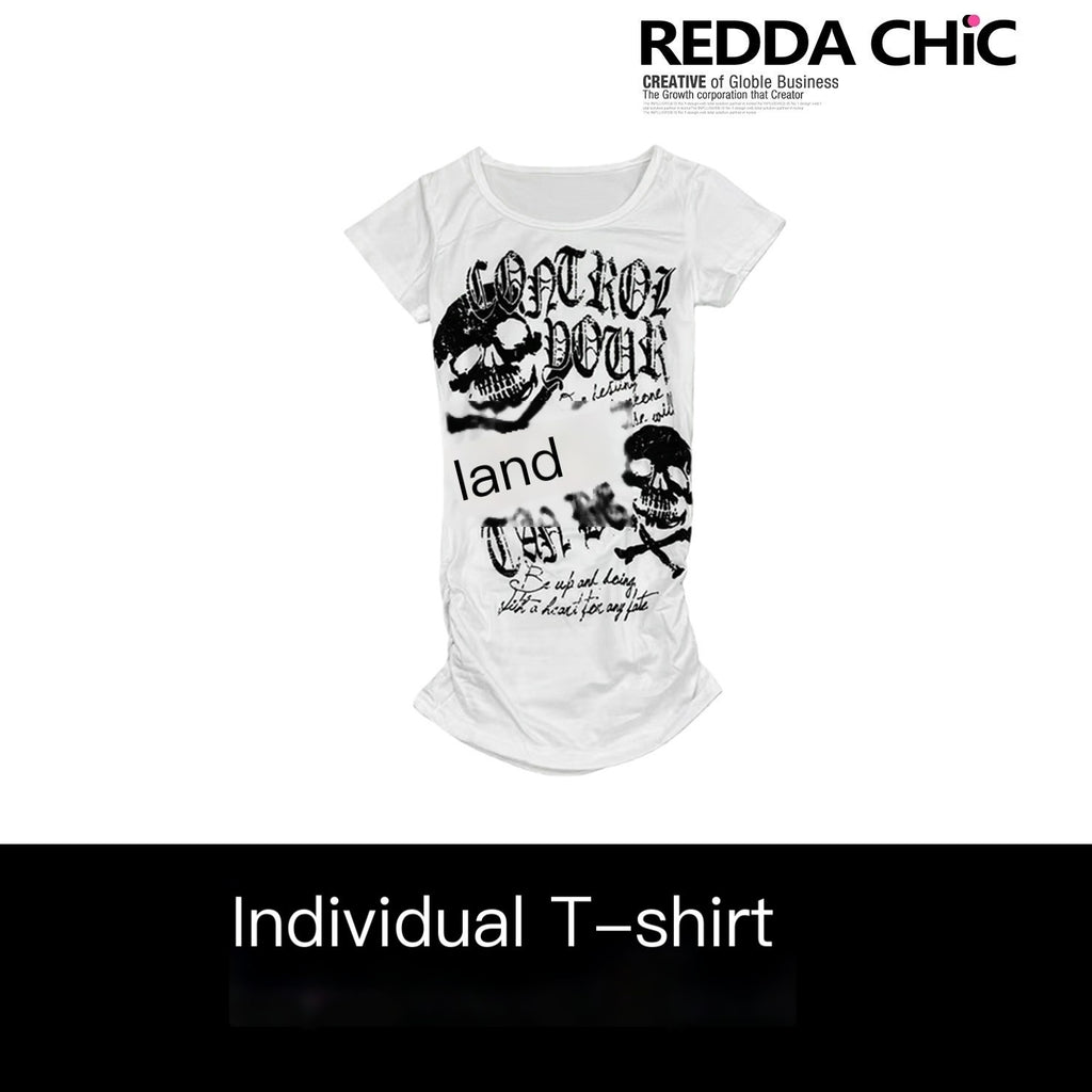 REDDACHIC_Gothic_Pleated_Skull_Waist_Cinch_Cropped_Slim_Women'S_Short_Sleeve_T-Shirts_MISSTT