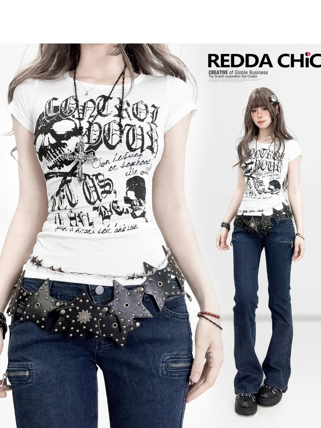 REDDACHIC Gothic Pleated Skull Waist Cinch Cropped Slim Women'S Short Sleeve T-Shirts