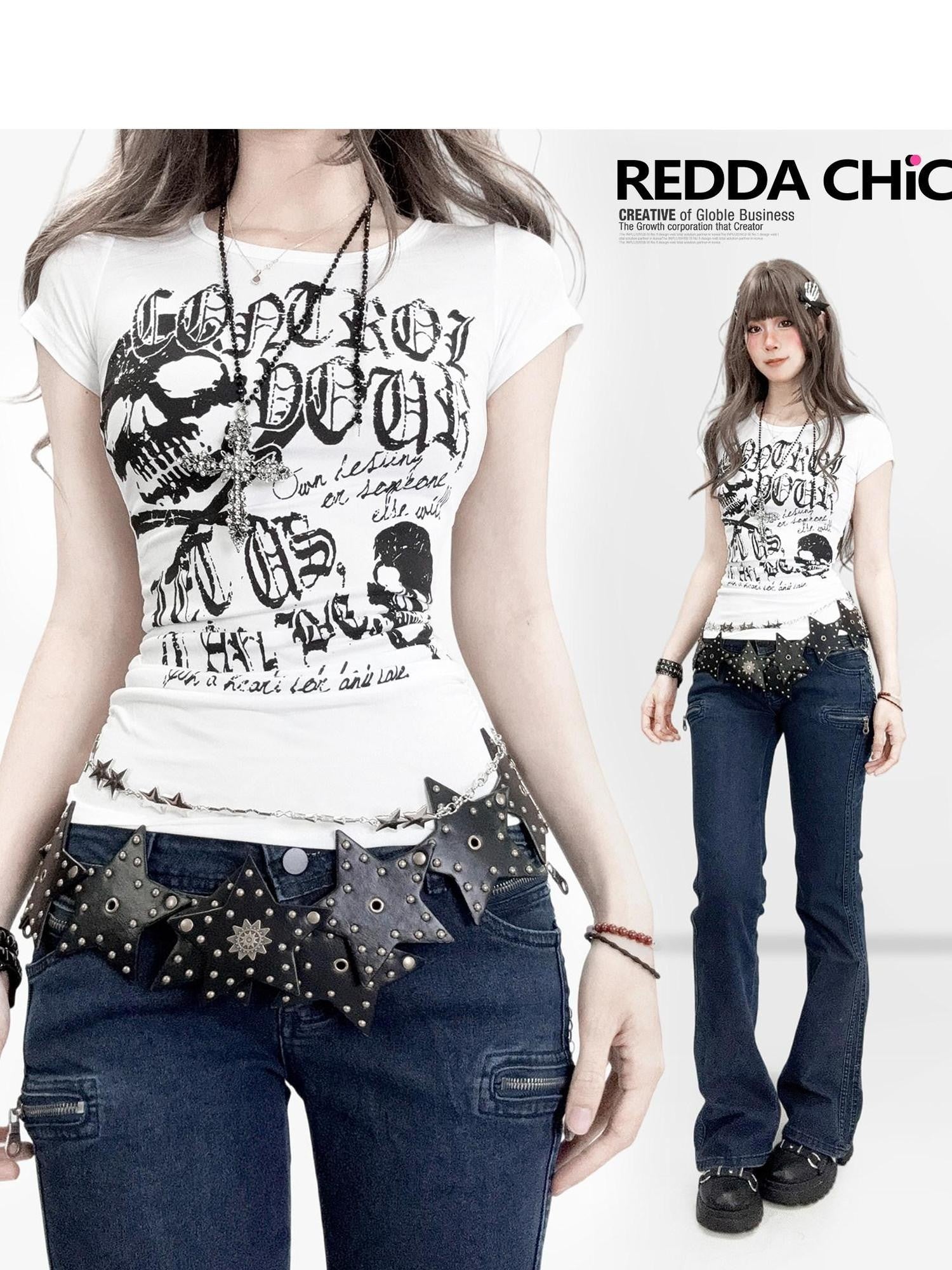 REDDACHIC Gothic Pleated Skull Waist Cinch Cropped Slim Women'S Short Sleeve T-Shirts