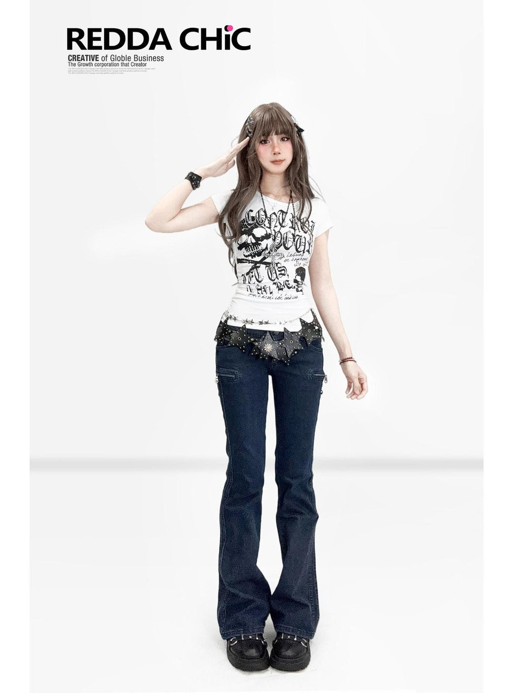 REDDACHIC Gothic Pleated Skull Waist Cinch Cropped Slim Women'S Short Sleeve T-Shirts