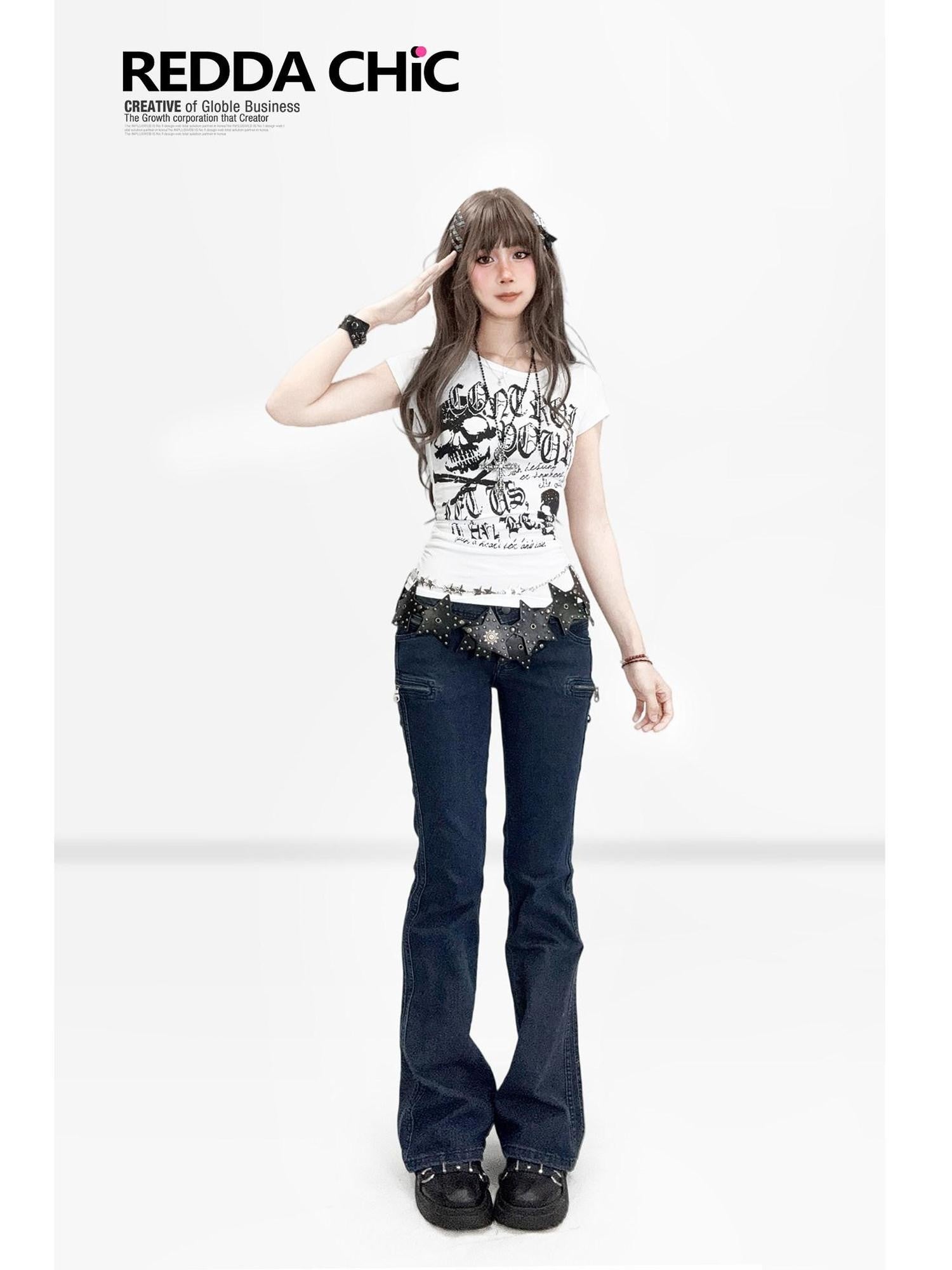 REDDACHIC Gothic Pleated Skull Waist Cinch Cropped Slim Women'S Short Sleeve T-Shirts