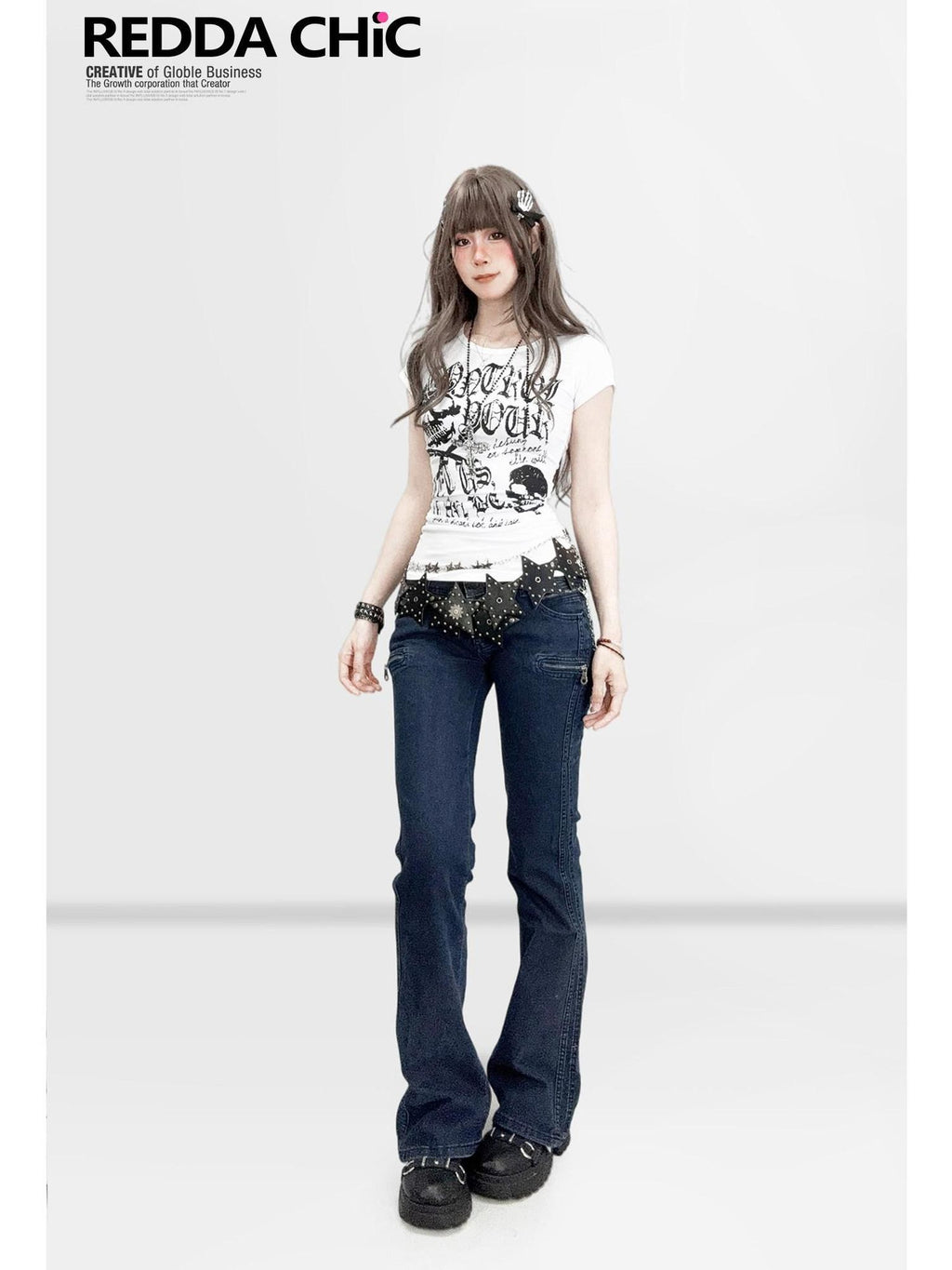 REDDACHIC Gothic Pleated Skull Waist Cinch Cropped Slim Women'S Short Sleeve T-Shirts