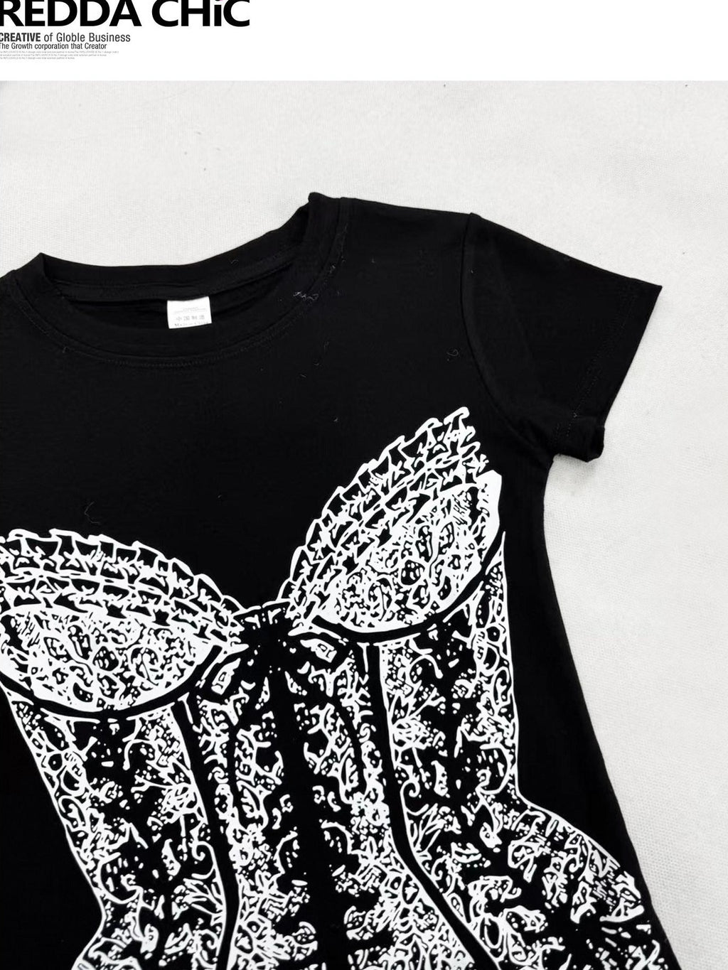 REDDACHIC Gothic Printed Y2K Slim Short Sleeve Black Women'S Crop Tops