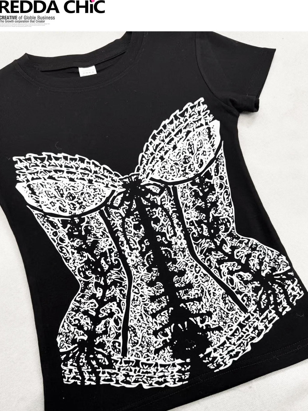 REDDACHIC Gothic Printed Y2K Slim Short Sleeve Black Women'S Crop Tops