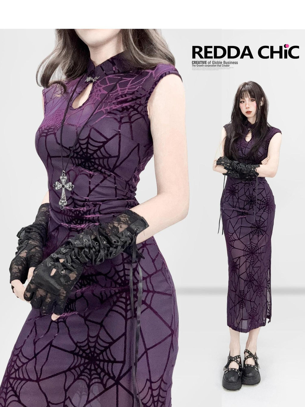 REDDACHIC Gothic Qipao Stand Collar Slit Bodycon Women'S Polyester Midi Dresses