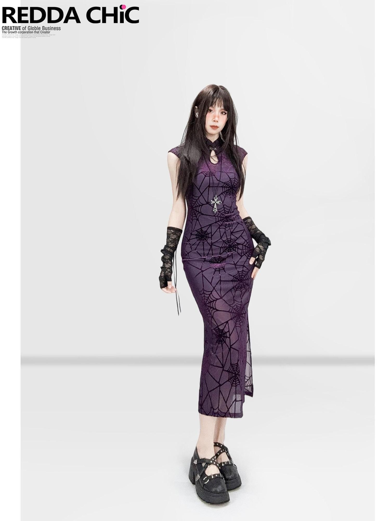 REDDACHIC Gothic Qipao Stand Collar Slit Bodycon Women'S Polyester Midi Dresses