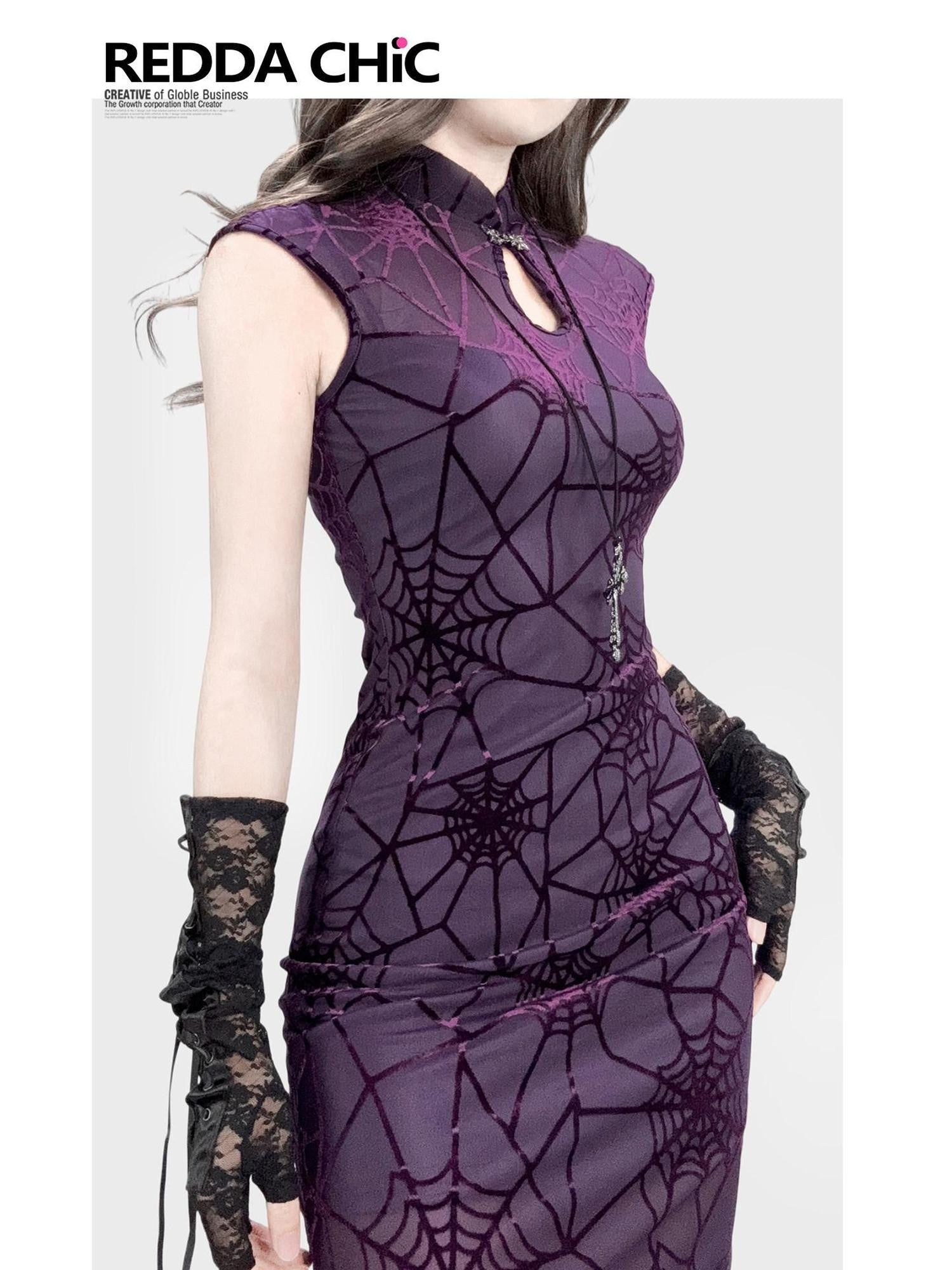 REDDACHIC Gothic Qipao Stand Collar Slit Bodycon Women'S Polyester Midi Dresses