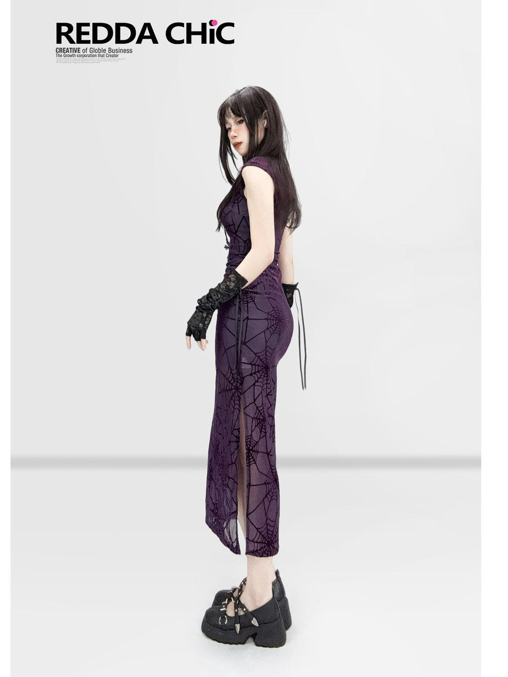 REDDACHIC Gothic Qipao Stand Collar Slit Bodycon Women'S Polyester Midi Dresses
