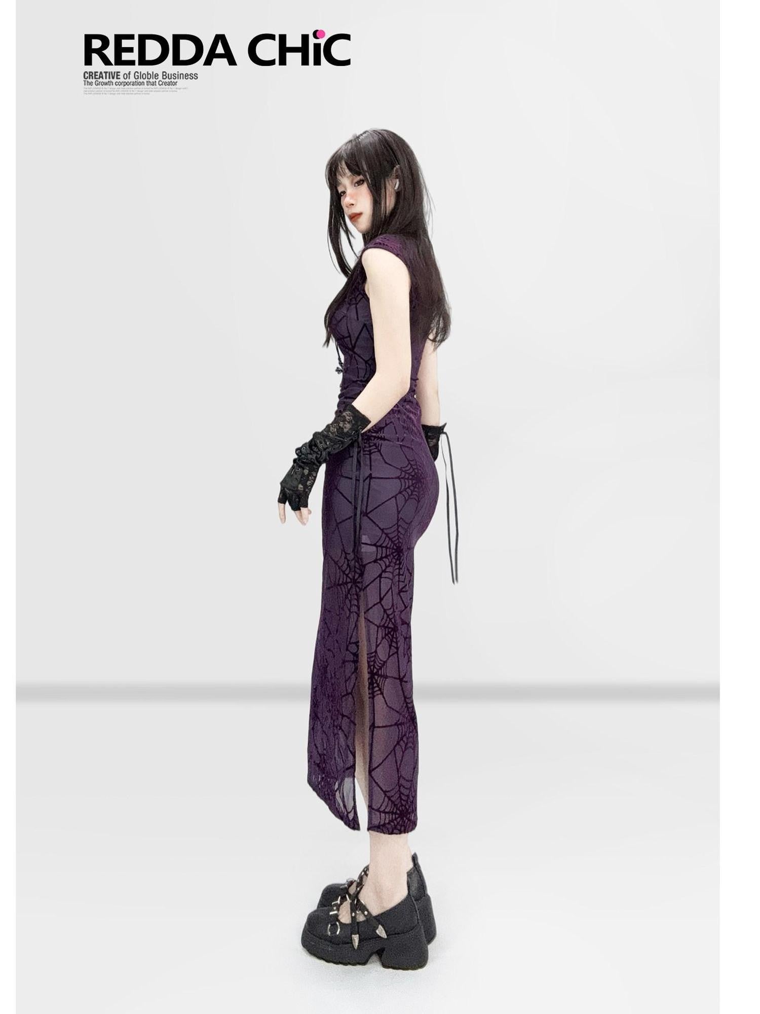 REDDACHIC Gothic Qipao Stand Collar Slit Bodycon Women'S Polyester Midi Dresses
