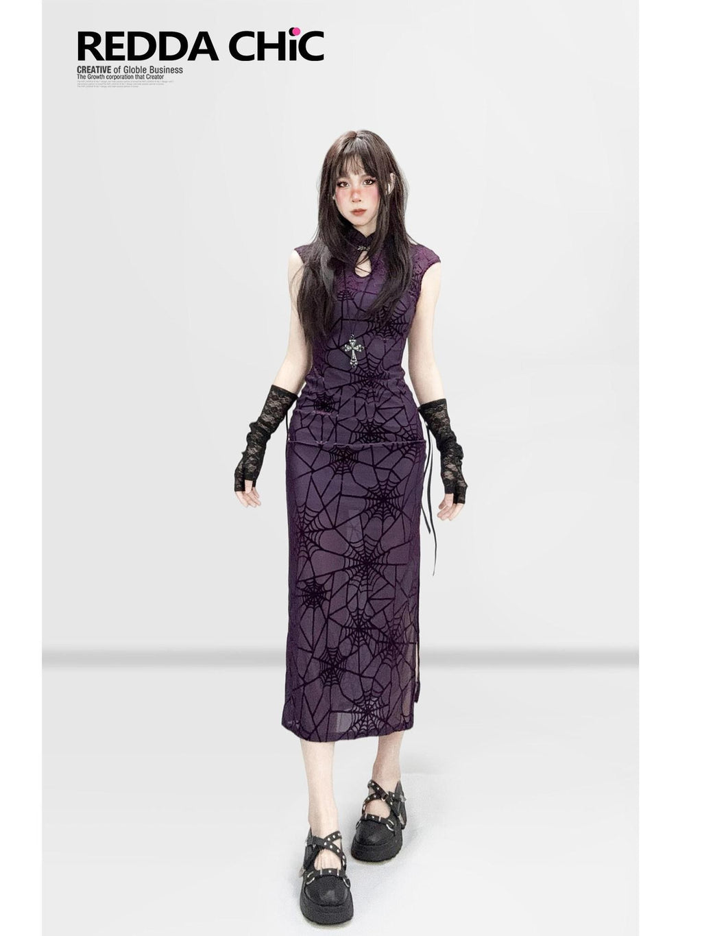 REDDACHIC Gothic Qipao Stand Collar Slit Bodycon Women'S Polyester Midi Dresses
