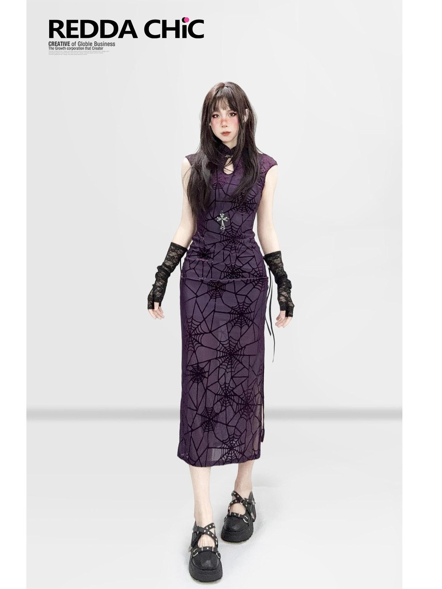 REDDACHIC Gothic Qipao Stand Collar Slit Bodycon Women'S Polyester Midi Dresses