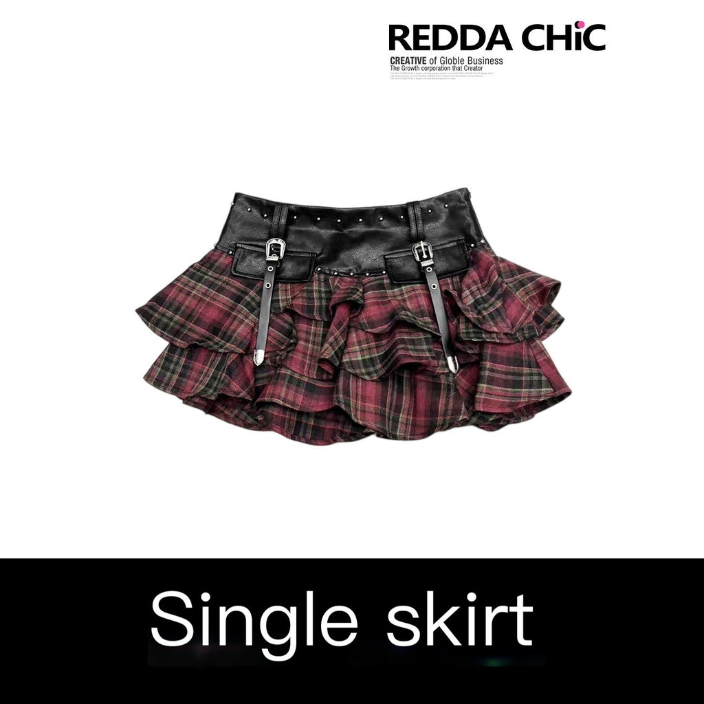 REDDACHIC_Gothic_Red_Plaid_Tiered_Pleated_Ruffle_Spliced_Women'S_Pu_Low_Waist_Mini_Skirts_MISSTT