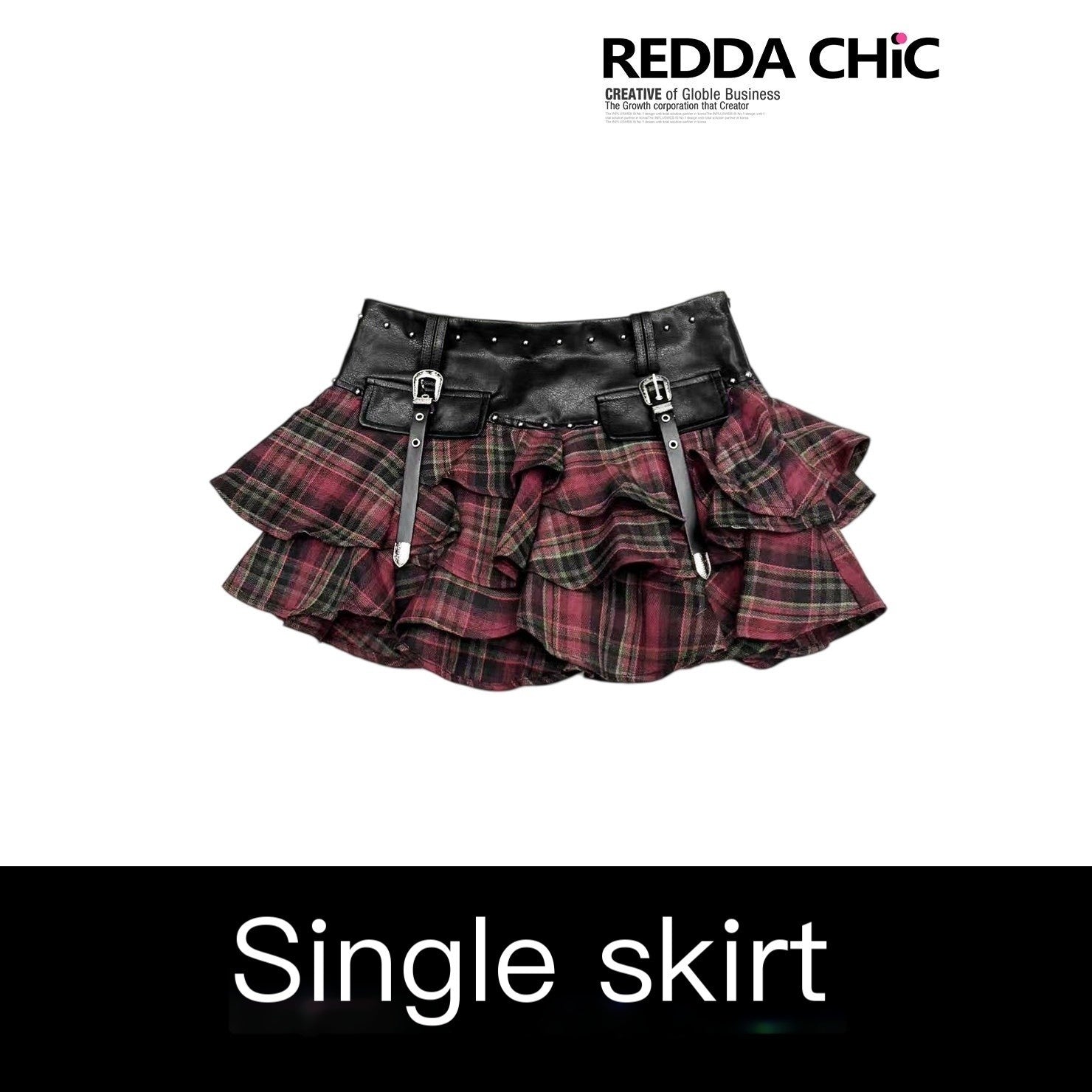 REDDACHIC_Gothic_Red_Plaid_Tiered_Pleated_Ruffle_Spliced_Women'S_Pu_Low_Waist_Mini_Skirts_MISSTT