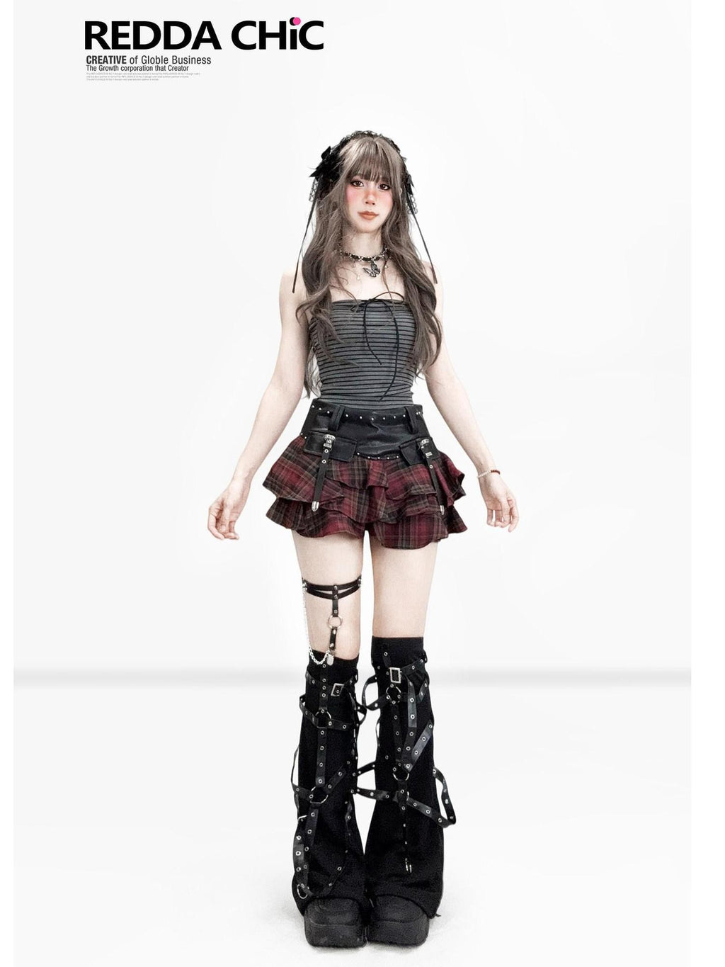 REDDACHIC Gothic Red Plaid Tiered Pleated Ruffle Spliced Women'S Pu Low Waist Mini Skirts