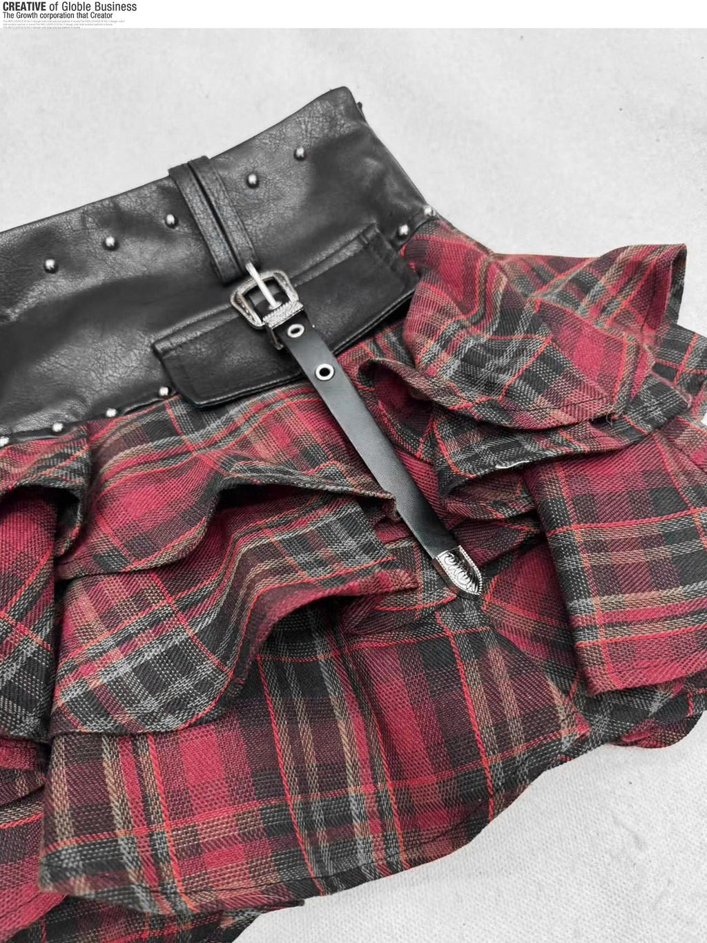 REDDACHIC Gothic Red Plaid Tiered Pleated Ruffle Spliced Women'S Pu Low Waist Mini Skirts