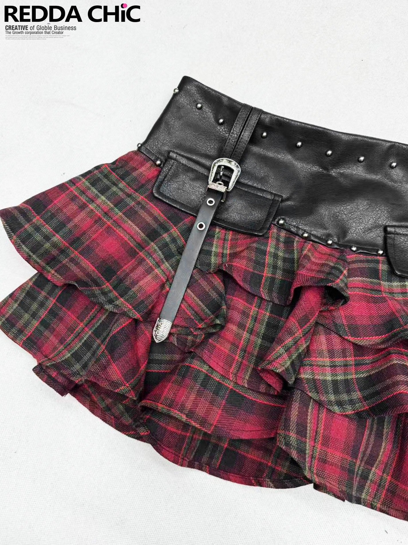 REDDACHIC Gothic Red Plaid Tiered Pleated Ruffle Spliced Women'S Pu Low Waist Mini Skirts