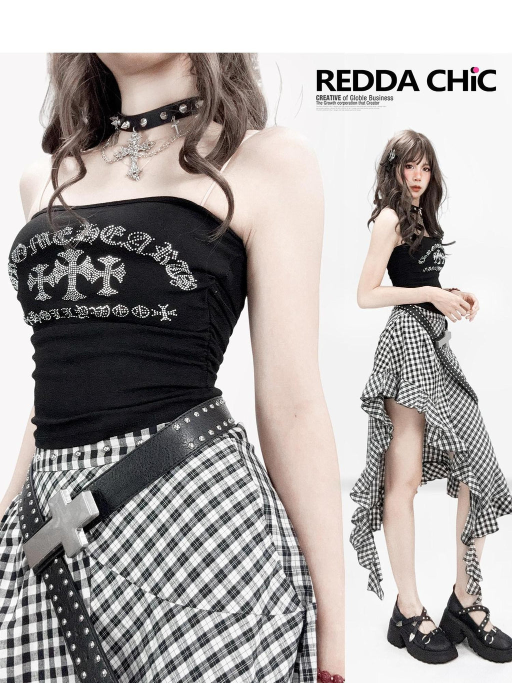 REDDACHIC Gothic Rhinestone Cross Padded Women'S Cropped Waist Cinch Tube Tops / Bandeaus