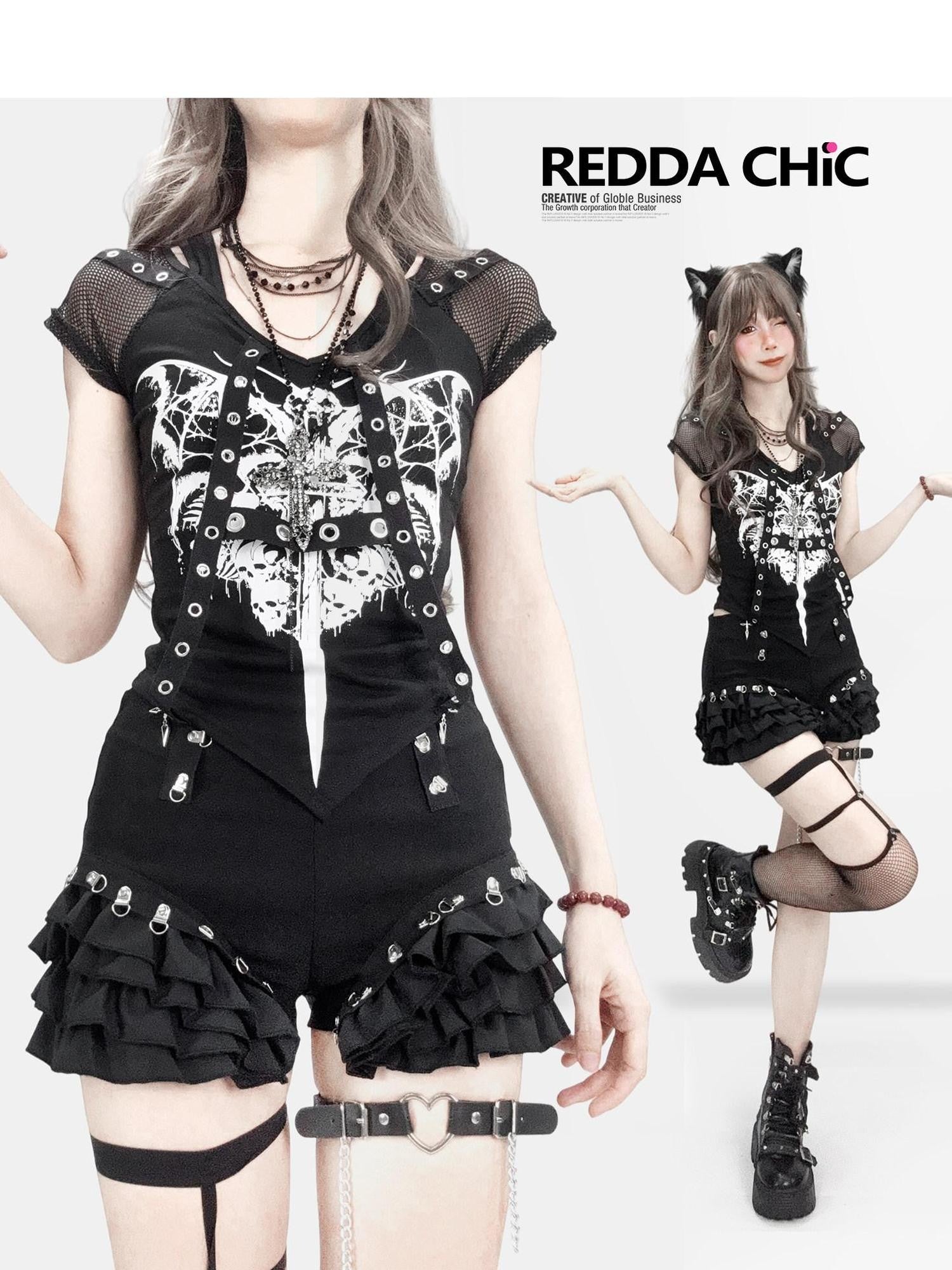 REDDACHIC Gothic Skull Asymmetrical Heavy Print Women'S Polyester Short Sleeve T-Shirts