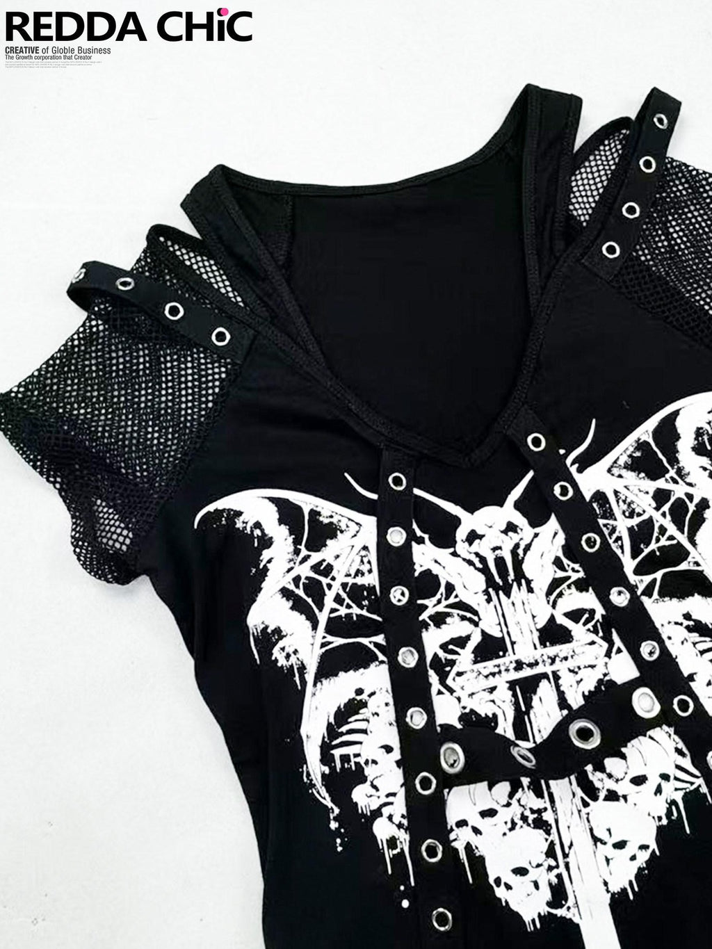 REDDACHIC Gothic Skull Asymmetrical Heavy Print Women'S Polyester Short Sleeve T-Shirts